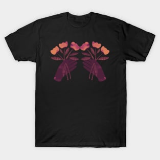 Brown hand with brown orange and pink flowers on black T-Shirt